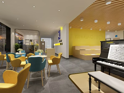 Modern Shop Front Desk Reception Area With Yellow Walls Wooden Ceiling And Piano 3d model