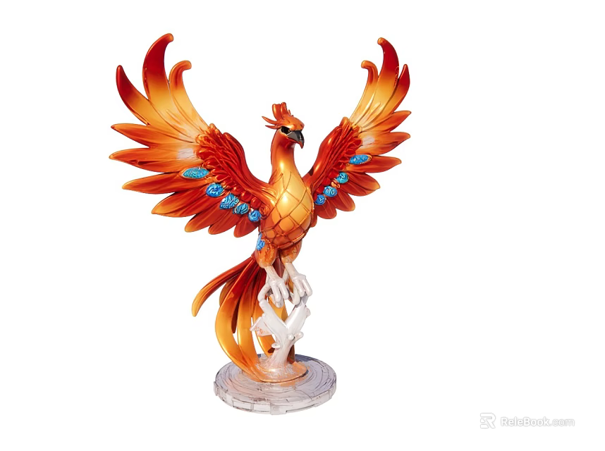 Phoenix Statue With Spread Orange Red Feathers And Blue Accents On Base 3d model 