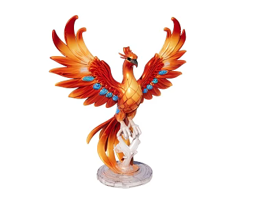 Phoenix Statue With Spread Orange Red Feathers And Blue Accents On Base 3d model