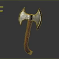 Medieval Weapon Axe With Metal Double Bladed Head And Red Wrapped Handle Sharp Edges