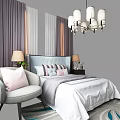 Modern Elegant Double Bed with Upholstered Headboard Striped Pillows Nightstands Table Lamps Chandelier and Curtains