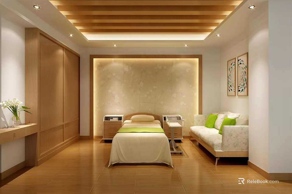 Hospital Outpatient Clinic Room With Wooden Ceiling Floor Massage Bed Sofa And Decorative Paintings 3d model 