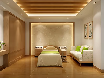 Hospital Outpatient Clinic Room With Wooden Ceiling Floor Massage Bed Sofa And Decorative Paintings 3d model