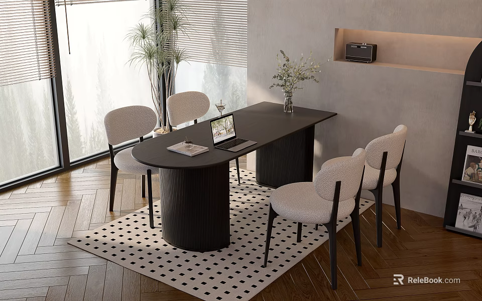 Black Table With White Chairs In Modern Interior Wooden Floor Polka Dot Rug Natural Light 3d model 
