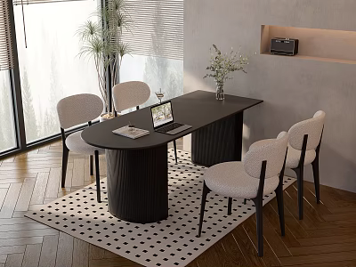Black Table With White Chairs In Modern Interior Wooden Floor Polka Dot Rug Natural Light 3d model