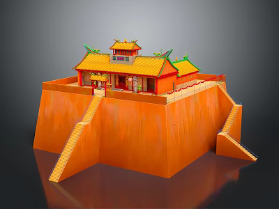 Traditional Chinese Architectural Design Featuring Orange Walls Yellow Roof Green Eaves And Steps 3d model