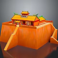 Traditional Chinese Architectural Design Featuring Orange Walls Yellow Roof Green Eaves And Steps