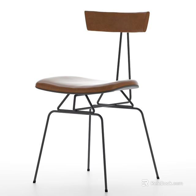 Modern Dining Chair With Brown Leather Seat And Black Metal Frame Design 3d model 