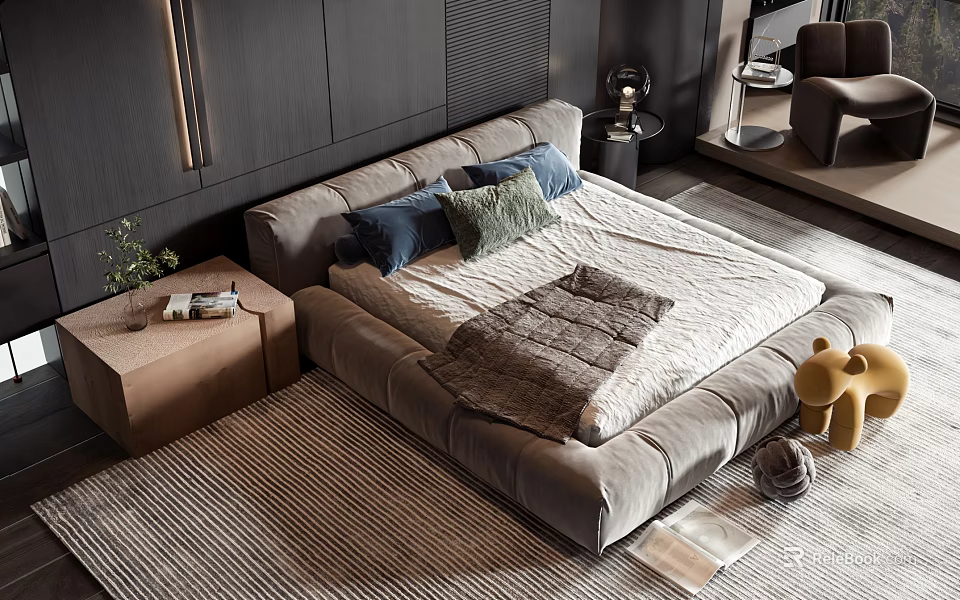 Cozy Double Bed with Soft Upholstered Headboard Blue Green Pillows Gray Blanket Striped Rug 3d model 