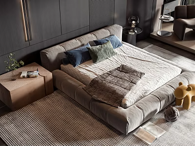 Cozy Double Bed with Soft Upholstered Headboard Blue Green Pillows Gray Blanket Striped Rug 3d model