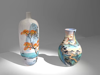 Ceramic Vases With Tall Slender And Round Shapes Featuring Orange Tree And Landscape Paintings 3d model