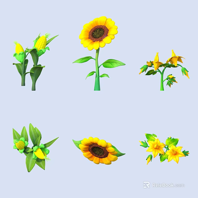 Yellow Sunflowers And Corn Plants With Green Leaves And Fresh Blooms 3d model 