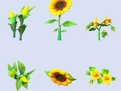 Yellow Sunflowers And Corn Plants With Green Leaves And Fresh Blooms 3d model