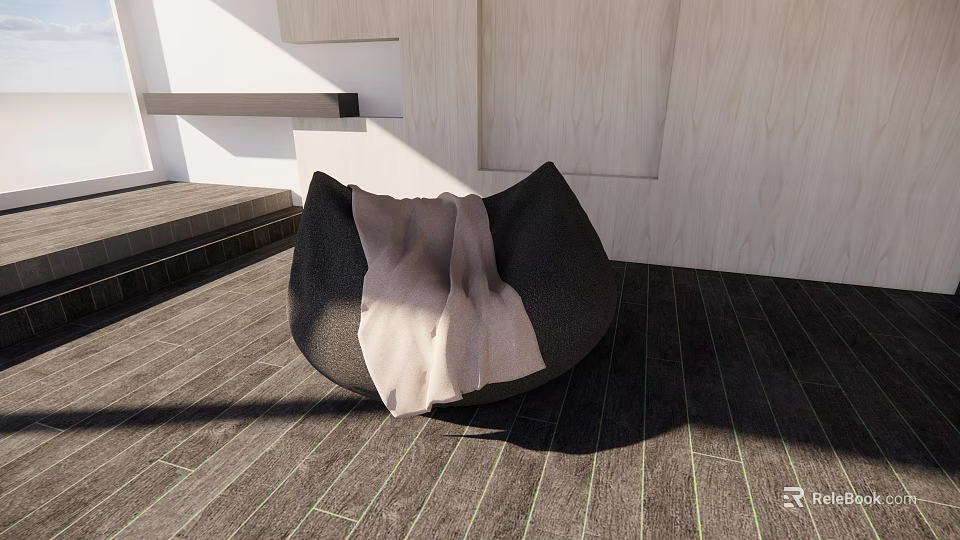 Modern Black Bean Bag Chair With Light Blanket On Wooden Floor And Light Walls 3d model 