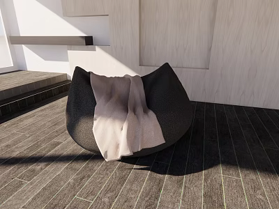 Modern Black Bean Bag Chair With Light Blanket On Wooden Floor And Light Walls 3d model