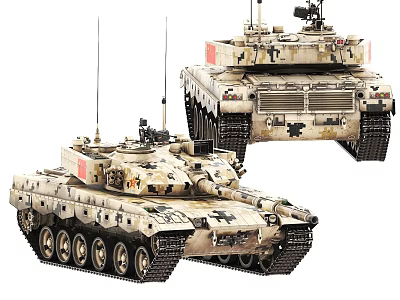 Detailed Camouflage Military Armored Tanks With Turret Tracks And Antenna Design 3d model