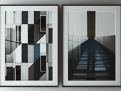 Two Framed Modern Wall Art Pieces With Geometric Abstract And Staircase Perspective 3d model