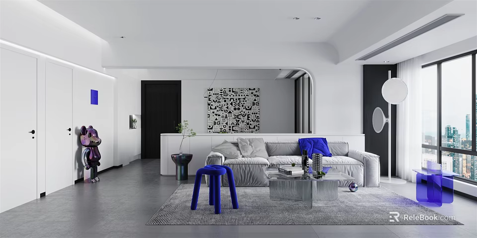Modern Living Dining Room Interior With White Sofa Blue Stool Decorative Wall And Coffee Table 3d model