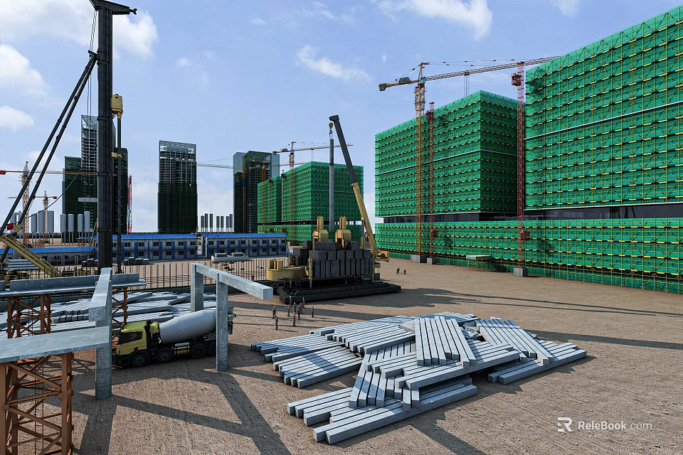 Residential Building Under Construction With Cranes Scaffolding And Materials At Construction Site 3d model 