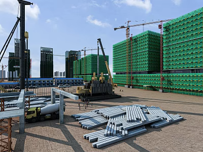 Residential Building Under Construction With Cranes Scaffolding And Materials At Construction Site 3d model