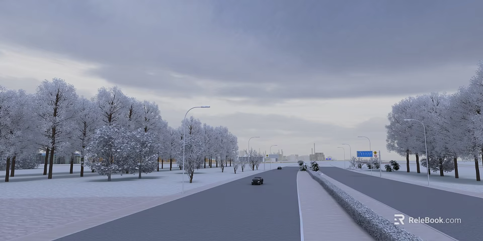 Swing Door In Snow Covered Street With Trees Streetlights And Buildings 3d model 