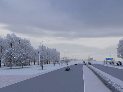 Swing Door In Snow Covered Street With Trees Streetlights And Buildings 3d model