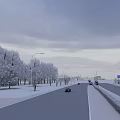 Swing Door In Snow Covered Street With Trees Streetlights And Buildings