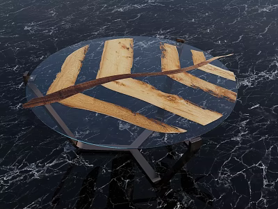 Round Modern Coffee Table With Cross Wooden Stripes And Dark Marble Top Metal Base 3d model