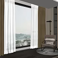 Layered White Sheer and Beige Curtains in Modern Living Room with Large Window Overlooking Scenic Buildings