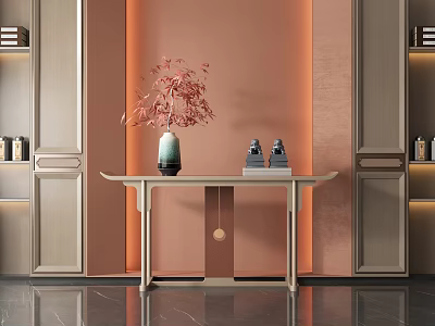 Elegant Console Table With Red Flowers Vase Two Small Statues Shelves And Pink Wall 3d model