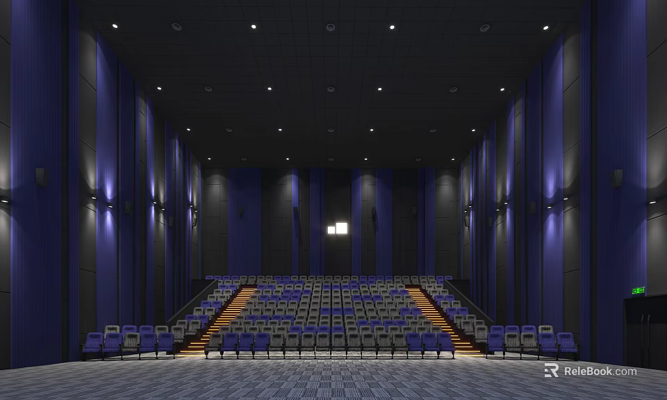 Modern Cinema Interior With Rows Of Blue Orange Seats And Purple Lighting 3d model 