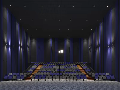 Modern Cinema Interior With Rows Of Blue Orange Seats And Purple Lighting 3d model