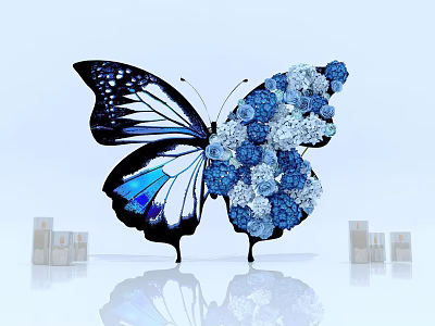 Decorative Butterfly With Blue Flowers And White Skincare Bottles 3d model