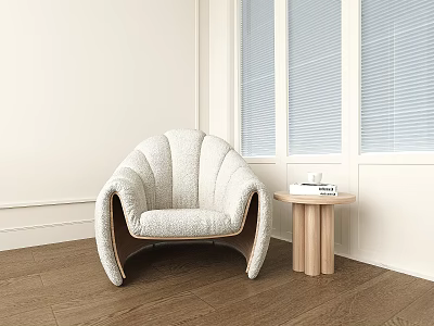 White Curved Plush Single Seater Sofa With Small Round Wooden Side Table And Window Blinds 3d model