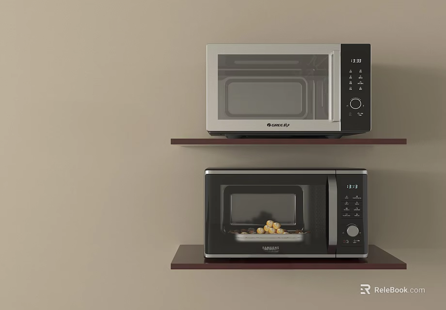 Two Kitchen Microwaves Mounted On Wall Wooden Shelves One With Food Inside 3d model 