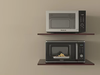 Two Kitchen Microwaves Mounted On Wall Wooden Shelves One With Food Inside 3d model