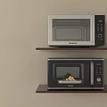 Two Kitchen Microwaves Mounted On Wall Wooden Shelves One With Food Inside