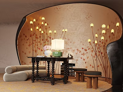 Stylish Flower Stand Featuring Vase Table Lamp Floor Lamps And Arched Wall Decor 3d model