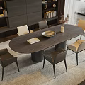 Modern Oval Wooden Dining Table Set With Six Gray Beige Chairs And Decorative Items