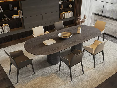 Modern Oval Wooden Dining Table Set With Six Gray Beige Chairs And Decorative Items 3d model