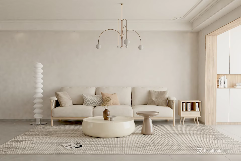Minimalist Modern Beige Sofa and Coffee Table Set with Round Table Side Table and Rug 3d model 