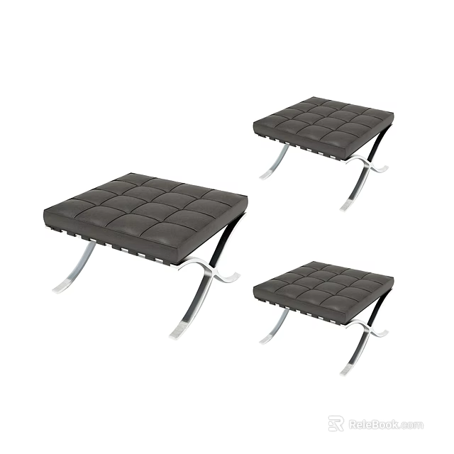 Modern Dark Leather Sofa Stools With Tufted Design And Silver Metal Legs 3d model