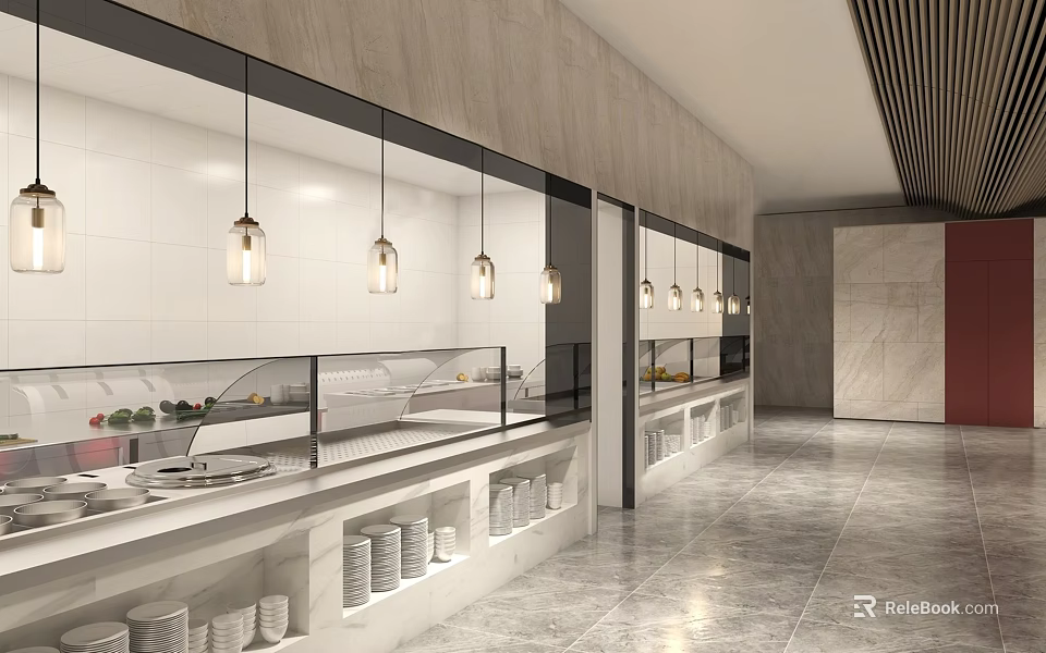 Modern Buffet Area With White Counter Glass Display Pendant Lights And White Bowls 3d model 