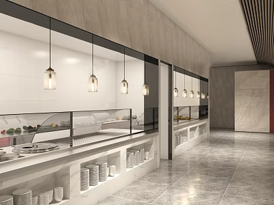 Modern Buffet Area With White Counter Glass Display Pendant Lights And White Bowls 3d model