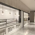 Modern Buffet Area With White Counter Glass Display Pendant Lights And White Bowls
