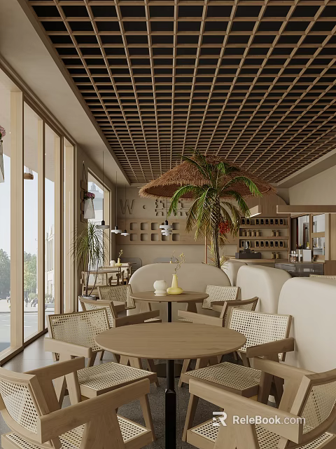 Tropical Restaurant Interior With Latticed Ceiling Thatched Umbrella Palm Tree Wicker Furniture And Large Windows 3d model 