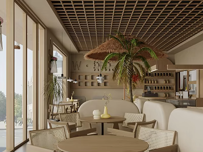 Tropical Restaurant Interior With Latticed Ceiling Thatched Umbrella Palm Tree Wicker Furniture And Large Windows 3d model