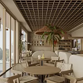 Tropical Restaurant Interior With Latticed Ceiling Thatched Umbrella Palm Tree Wicker Furniture And Large Windows
