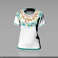 White T Shirt With Colorful Floral Pattern On Collar And Green Trim