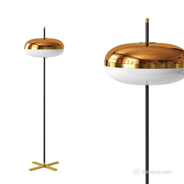 Modern Floor Lamp With Golden White Shade And Black Metal Pole Design 3d model 